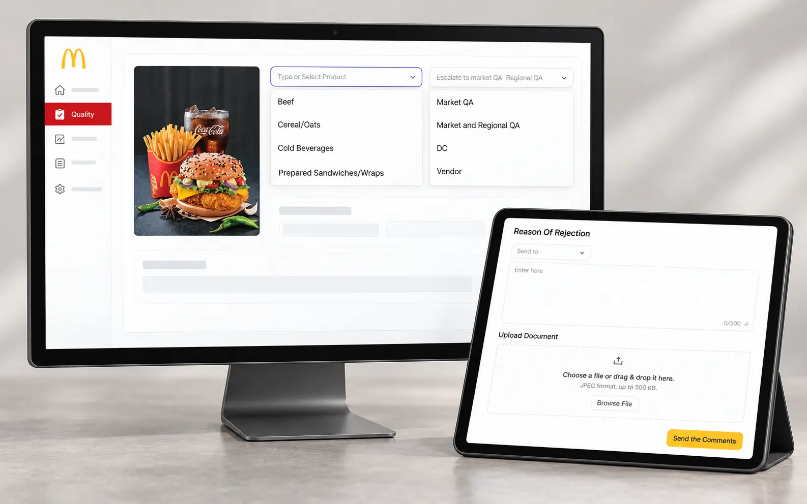 McDonald’s quality-management interface presented on desktop and tablet devices