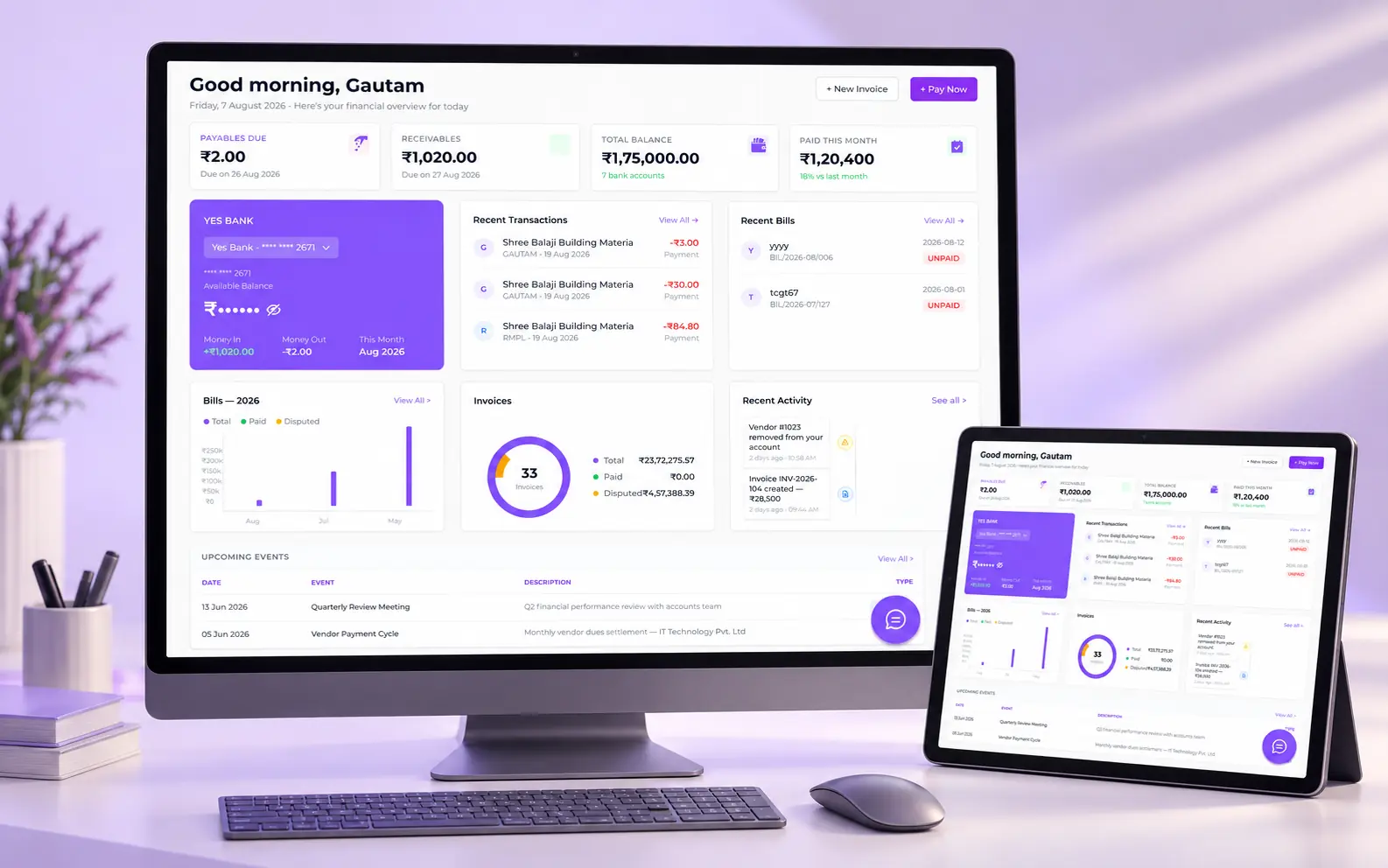 SpacePe business-banking interface presented in desktop and tablet mockups