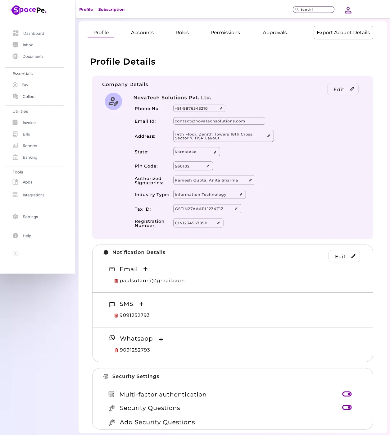 Company profile and controls screen from SpacePe Business Banking