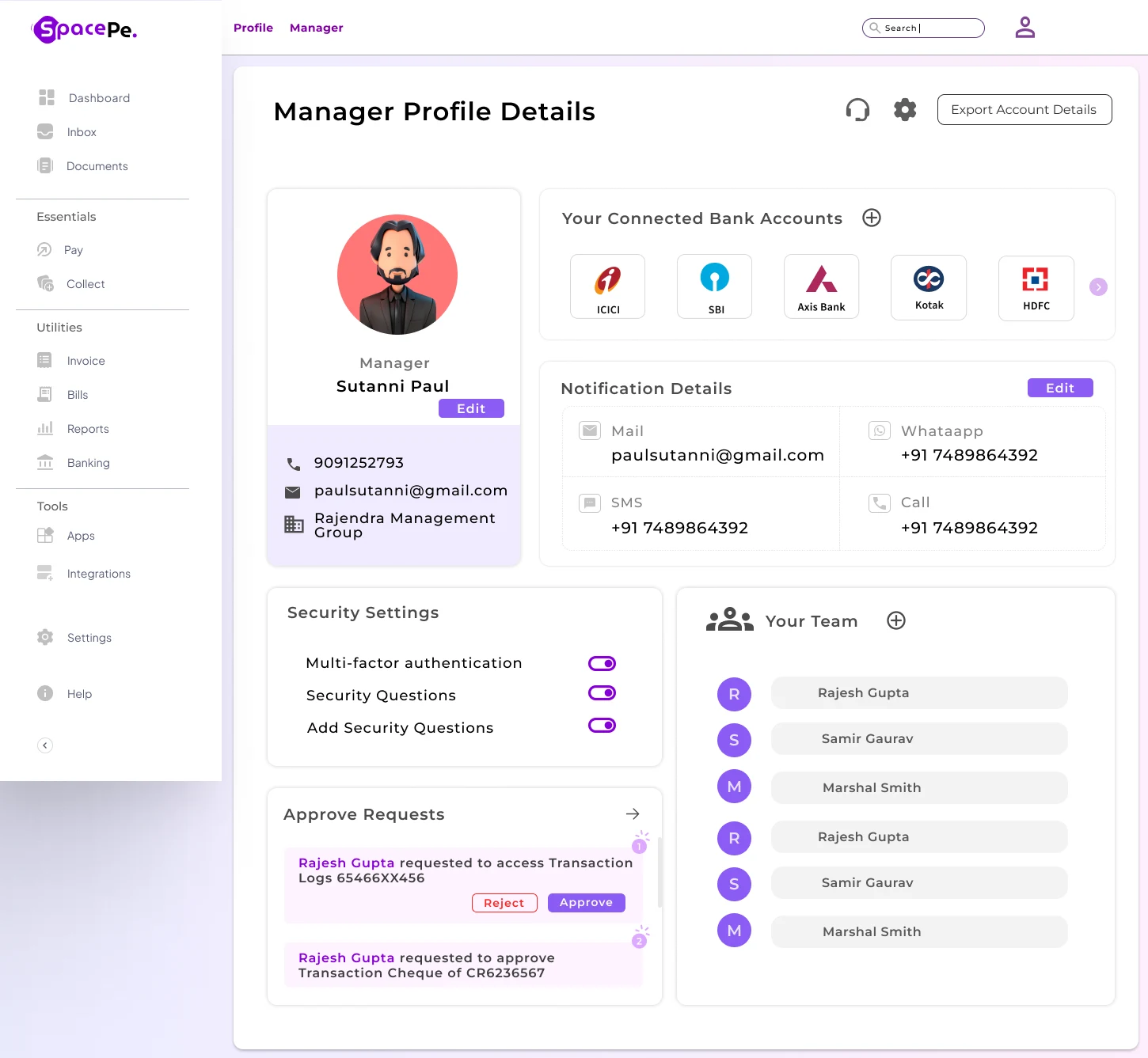Manager overview screen from SpacePe Business Banking