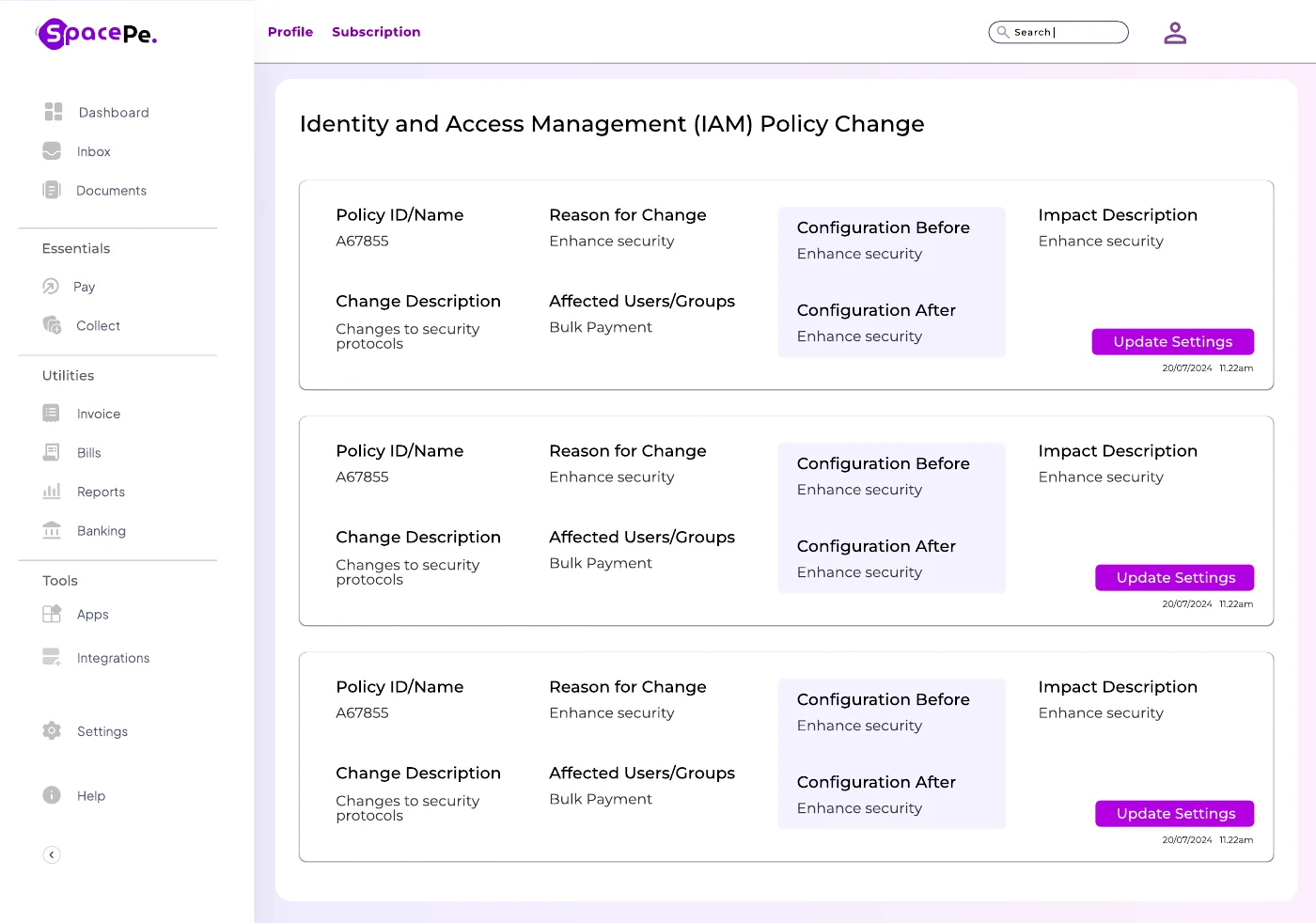 Policy-change management screen from SpacePe Business Banking