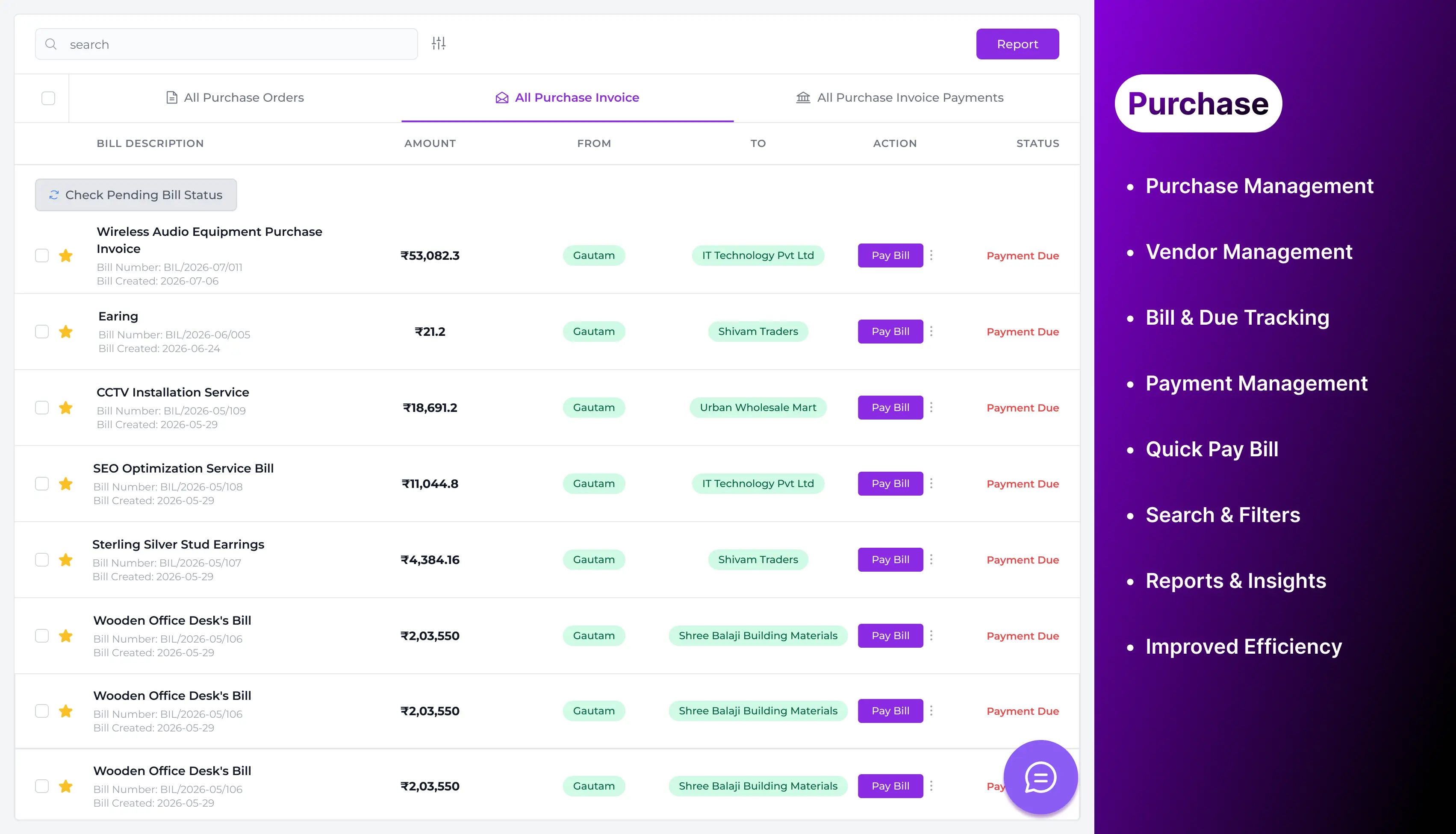 Purchase management screen from SpacePe Business Banking