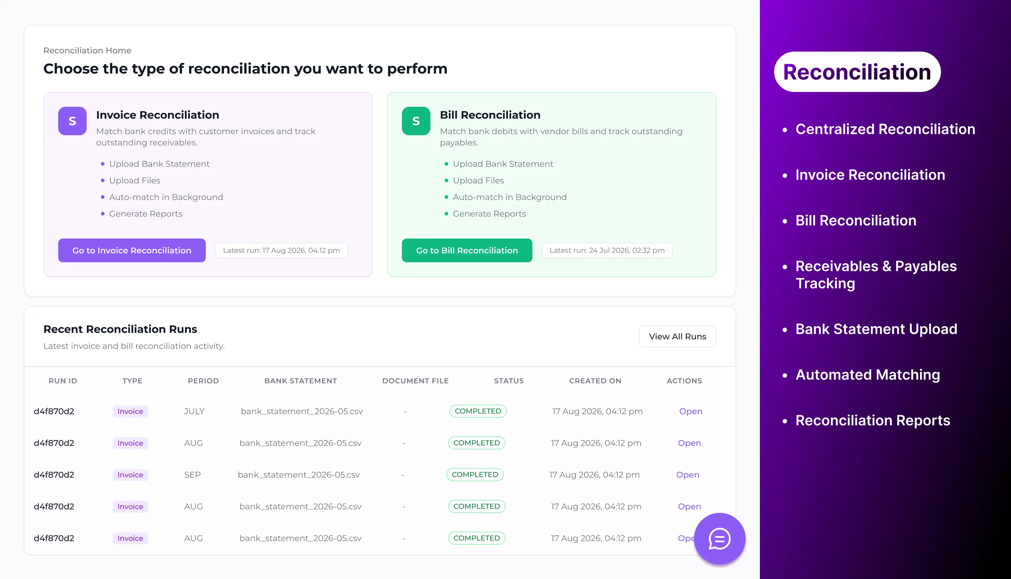 Reconciliation workflow screen from SpacePe Business Banking