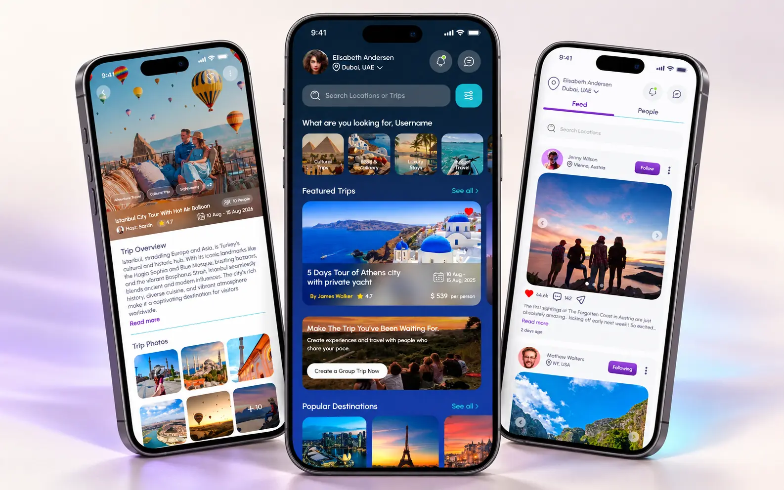 Travls home, trip details and community screens presented in phone mockups