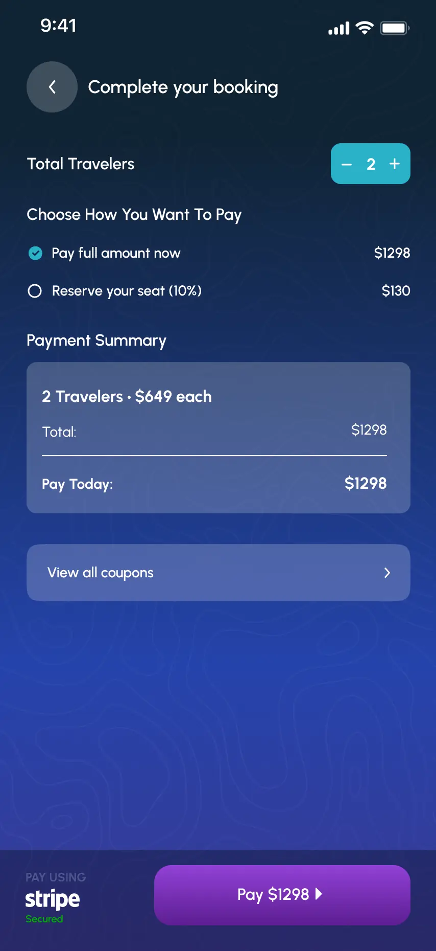 In-app booking and payment screen from Travls — Group Travel Platform