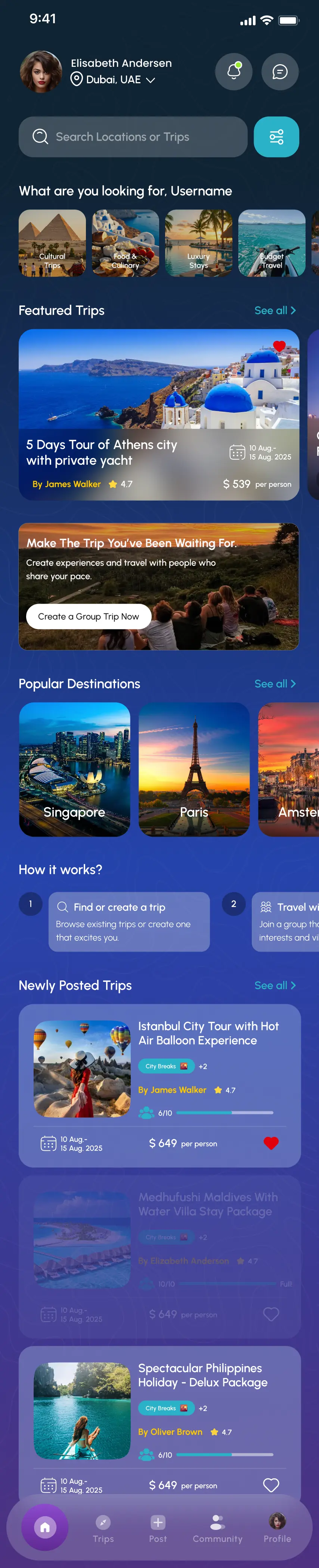 Trip discovery home screen from Travls — Group Travel Platform