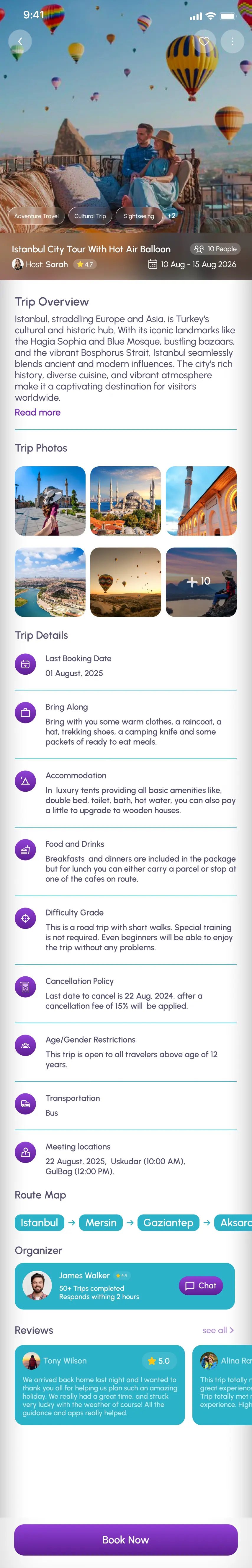 Trip details and itinerary screen from Travls — Group Travel Platform